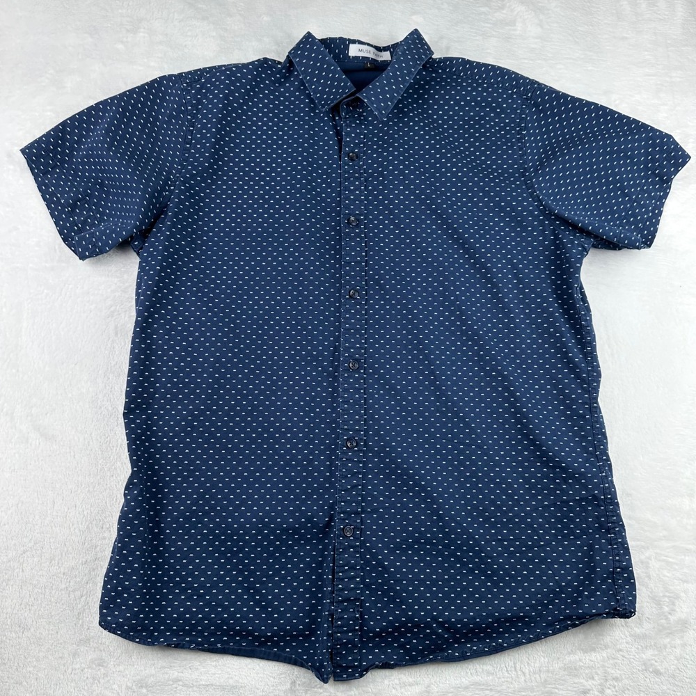 Muse Fath Mens Navy Blue Geometric Micro Print Short Sleeve Cotton Shirt Large